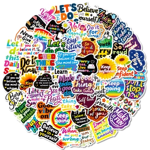 Set of 56 colorful motivational graffiti stickers with positive English quotes