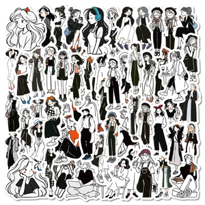 Adesivi per Abbigliamento da Ragazza in Bianco e Nero in PVC Impermeabile Disegnati a Mano Minimalisti Personaggi alla Moda per Valigie Notebook Custodie per Cellulari DIY