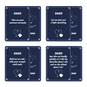Detail view of four blue Dare challenge cards with white text for adult party game