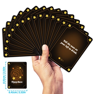 Detailed size chart for Tipsy Dare drinking game cards with gold star motifs
