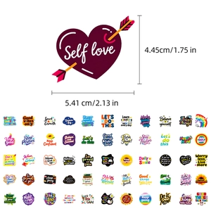 Detail view of colorful motivational vinyl stickers showing size dimensions and 60 piece set