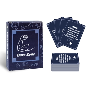 Detail of Dare Zone adult party game cards with 18 plus rating icons and packaging box