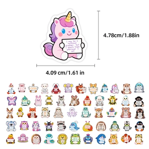 Gros plan d'autocollants d'animaux motivants montrant les dimensions et l'ensemble de stickers