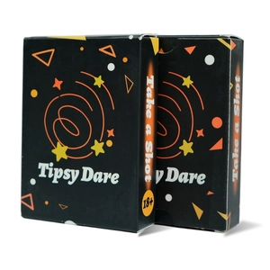 Detailed packaging of Tipsy Dare party drinking card game with 18 plus age limit icons