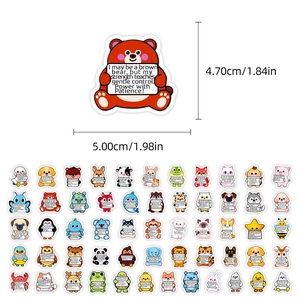 Close-up of cute animal stickers with motivational quotes showing dimensions and 50pcs set