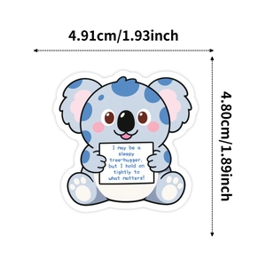 Vue détaillée d'un autocollant koala bleu avec texte de motivation et dimensions