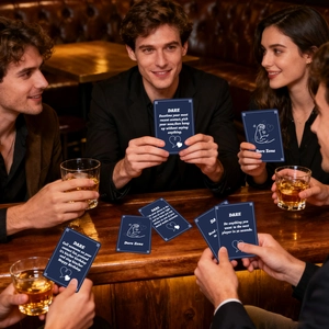 Close-up of young people playing party dare game cards in a bar setting