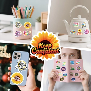Stickers on laptop, phone case and water bottle showing practical decorative use cases