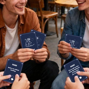 Close-up of deep blue party game cards with white illustrations and English dare prompts