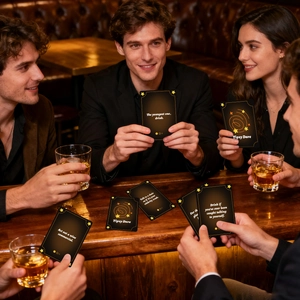 Detail of Tipsy Dare drinking game cards with gold star motifs for party entertainment