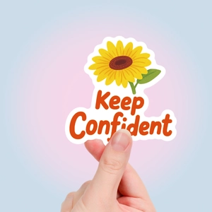 Detail of sunflower sticker with Keep Confident quote for notebooks and decor