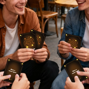 Lifestyle shot of friends playing party drinking cards with 'Share a recent regret' prompt