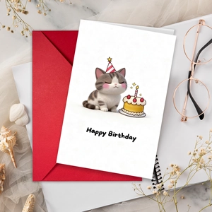 Cartoon Cat Birthday Greeting Card With Red Envelope For Kids Party 300GSM Coated Paper Large Folding Cards Blessing Stationery