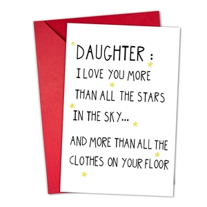 Close-up of white greeting card with humorous text, yellow stars and a red envelope