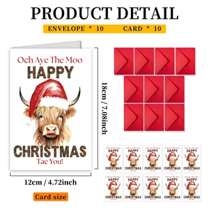 Lot de 10 cartes de vœux Noël vache d'Écosse avec enveloppes rouges 12x18cm
