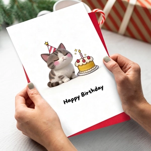 Detail of cute cat birthday card with red envelope and festive holiday decor