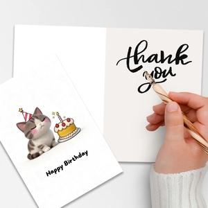 Cartoon cat birthday card set with thank you card and envelope in a writing scene