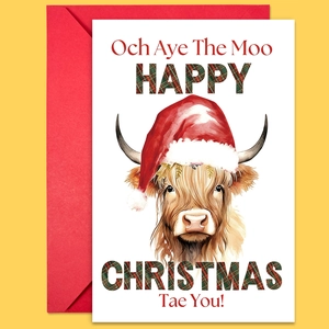 Set de cartes de Noël avec illustration de vache d'Écosse et enveloppe rouge sur fond jaune