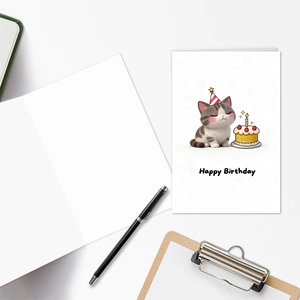 Cartoon cat happy birthday card set with 3D cat graphics and blank inner sheet