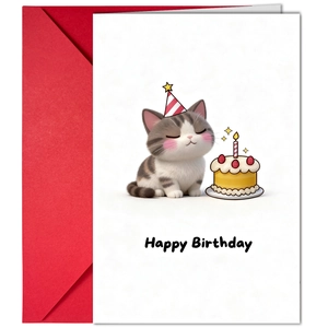 Detail of cartoon cat birthday card with a red envelope and a happy birthday message