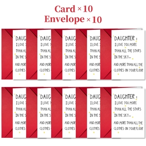Detail view of funny greeting cards for daughter with red envelopes in a 10-piece set