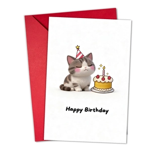 Close-up of cute cartoon cat birthday card with strawberry cake and red envelope