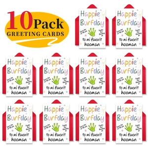 Detailed set of 10 funny birthday cards with red envelopes and pet-themed typography
