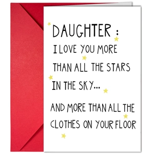 Funny greeting card for daughter with red envelope and yellow star patterns