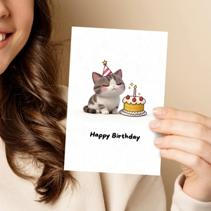 Close-up of a birthday card featuring a cute cartoon cat with a cake and Happy Birthday text