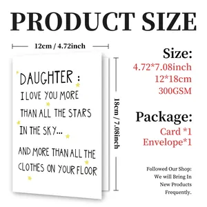 Size chart showing 12x18cm dimensions for the Daughter greeting card and envelope set