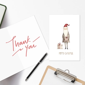 Detail of Christmas greeting cards with Santa illustration and Thank You typography