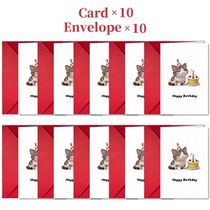 Detailed set of 10 cartoon cat birthday cards with envelopes and Happy Birthday text