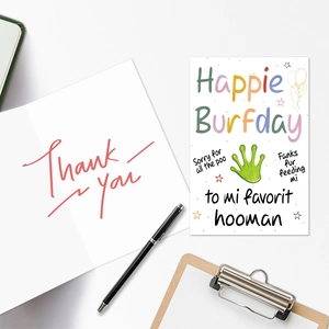 Funny pet birthday card set with Happy Birthday envelope and red thank you card