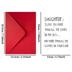 Detail showing dimensions of red envelope and card with humorous text for daughter