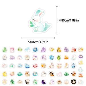 Detailed view of 56 cute cartoon rabbit stickers with clear size measurements for DIY decor
