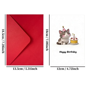 Detailed view of cat birthday card and red envelope with precise size dimensions