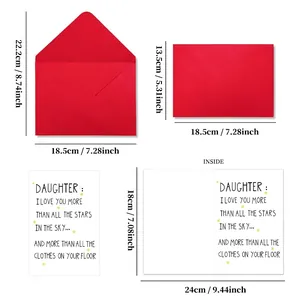 Funny greeting card set for daughter with red envelope including detailed size chart