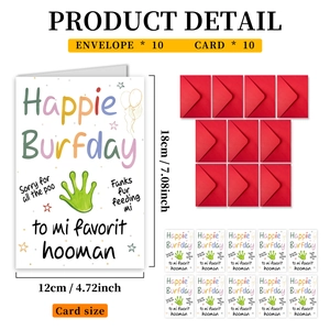 Set of 10 large dog-themed Happy Birthday cards and red envelopes in 12x18cm size