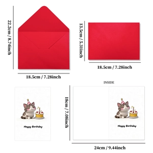 Cartoon cat birthday card set with red envelope showing dimensions and fold details