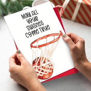 Holiday basketball greeting card set with red envelope and Swishes Come True text