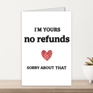 Minimalist Valentine greeting card with red heart and funny text on wooden surface