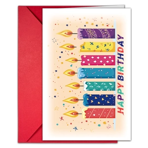 Colorful candles Happy Birthday card set with a vibrant red envelope and card