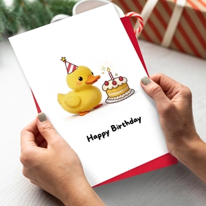 Greeting card set with cute yellow duck illustration and a red envelope for birthdays