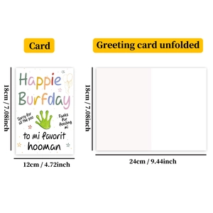 Detailed view of dog-themed birthday card with size specs and pet-themed humor