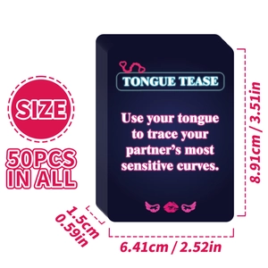 Vista detallada de 50 cartas de juego Tongue Tease con dimensiones y diseño neón
