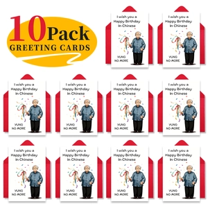 Detailed set of 10 funny birthday cards with Asian elder illustrations and red envelopes