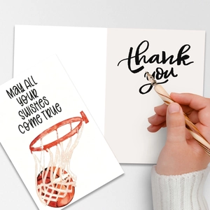 Hand-painted basketball greeting cards with May All Your Swishes Come True text