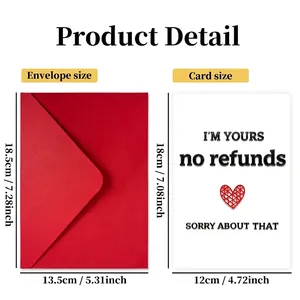 Funny Valentine card set with red envelope and 'I'm yours no refunds' text plus size details