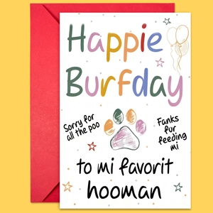 Detail der Happy Birthday Haustier-Karte mit lustigem Text und rotem Umschlag