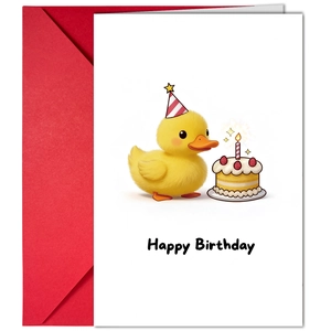 Detailed view of yellow duck birthday card set with a red envelope and happy birthday text